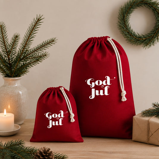 Stor Gavepose God jul med snøring | 100% Bomull (opptil 75cm stor!)